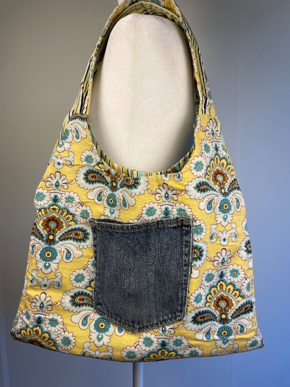 Handmade Upcycled Reversible Slouchy Hobo Shoulder Tote Bag with Denim Pockets